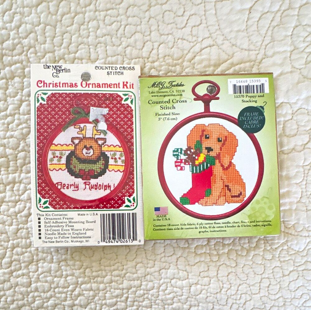 Vtg Christmas Cross Stitch Ornament Kit Lot 2 w/ Frame Rudolph, Dog w/ stocking